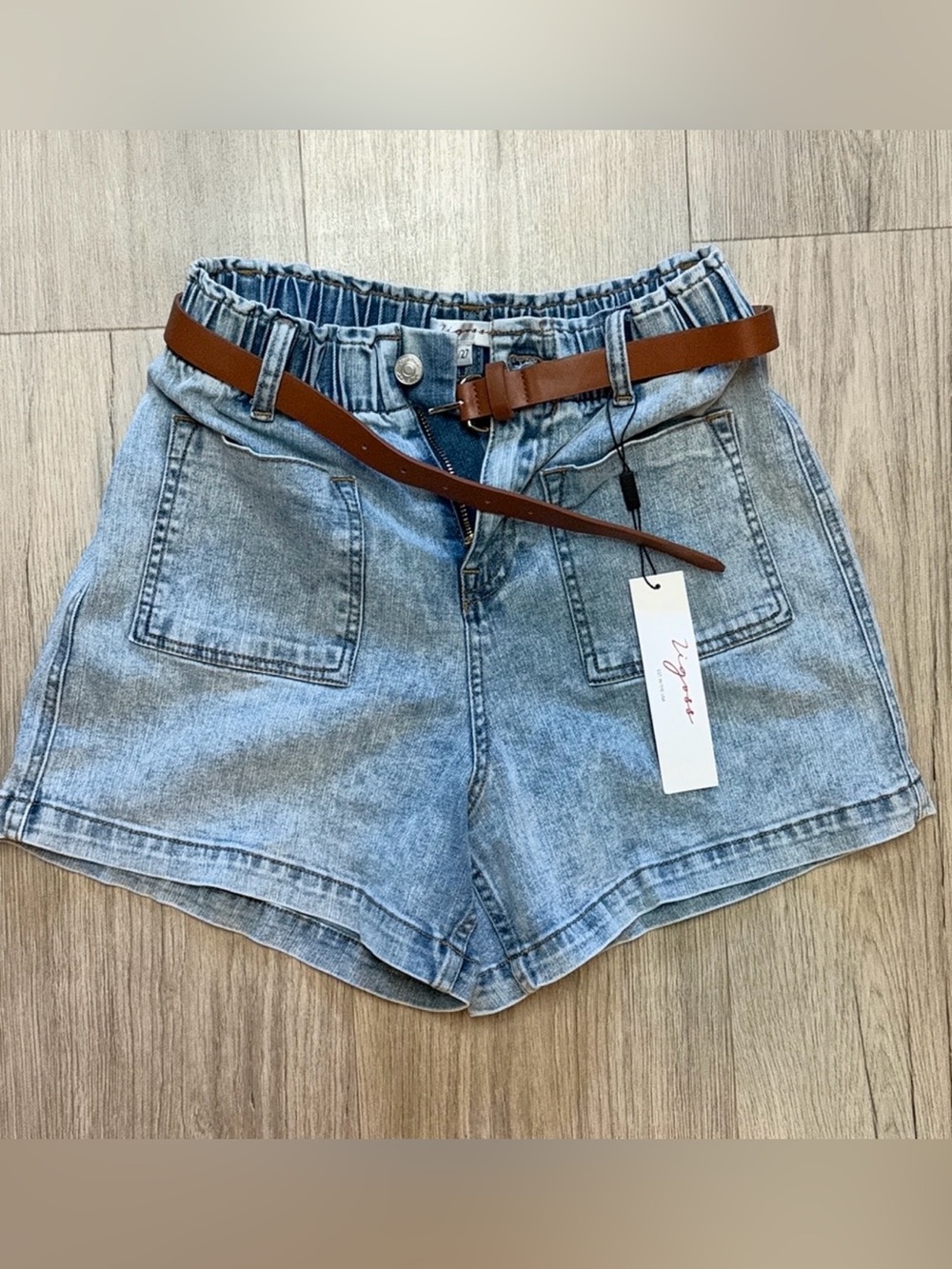 Vigoss Light Blue Denim Paperbag Waist Shorts with Brown Belt